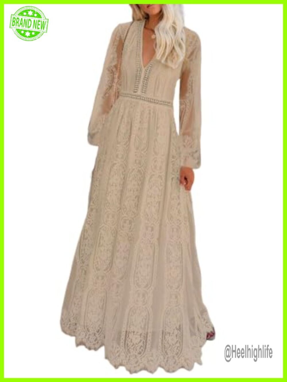 Eyelash Lace V-Neck Floral Maxi Dress Long Sleeve Formal Wedding Guest
